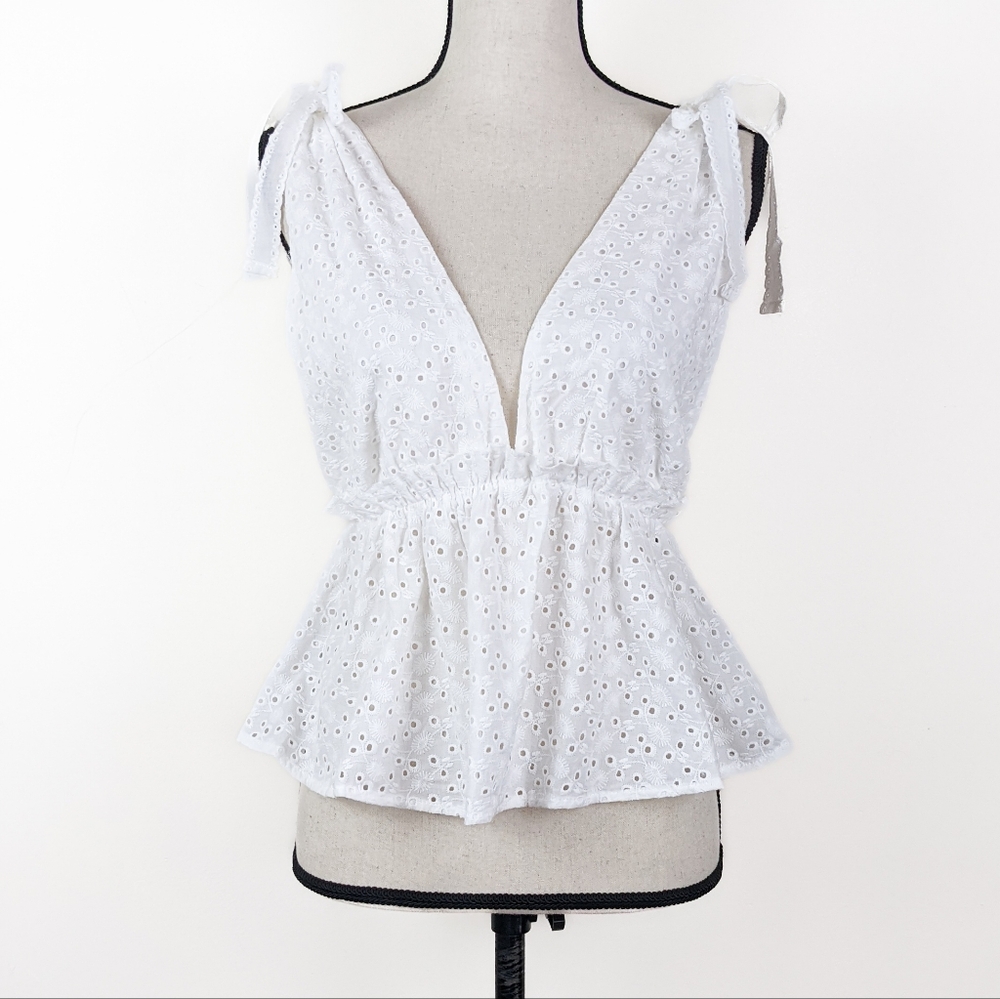 💜 NWT Storia White Cotton Eyelet Lace Blouse, Size Medium